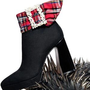 Betsey Johnson Idris Plaid Sash Rhinestone Buckle Booties